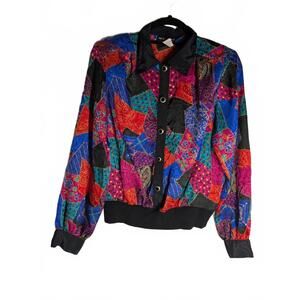 Vintage 80s Notations Women's Colorful Patchwork Bomber Jacket Size 6